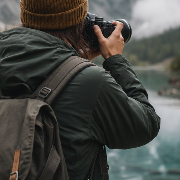 Photographer holding camera in nature — detail