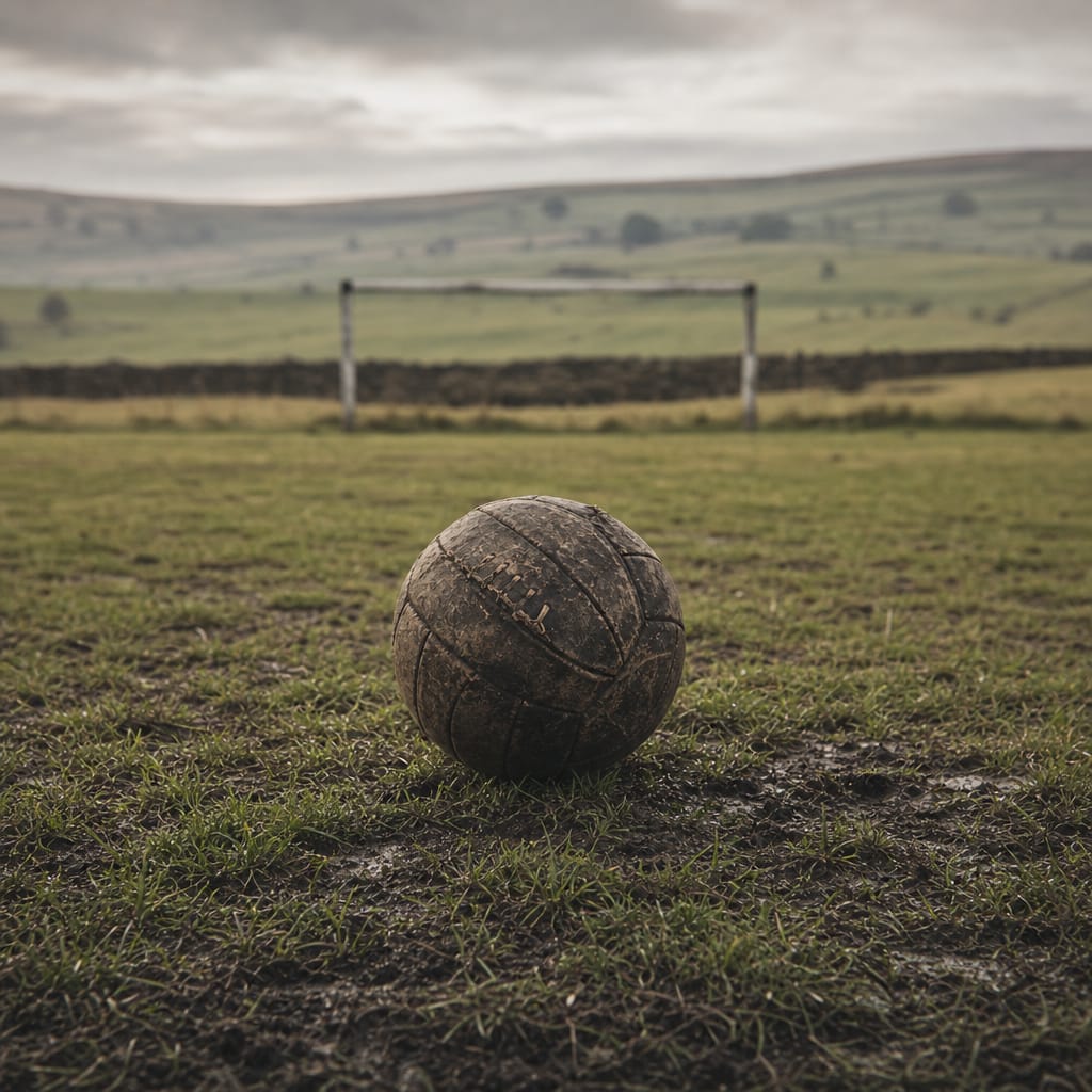 Old leather football resting on a rough, muddy village pitch