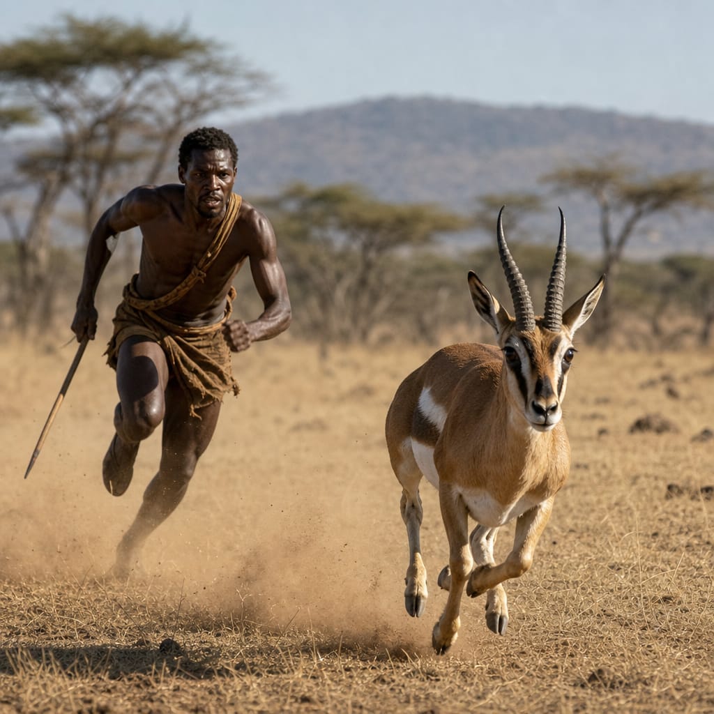 Ancient human hunter exhausted on African savannah after pursuing prey in intense heat and sunlight.
